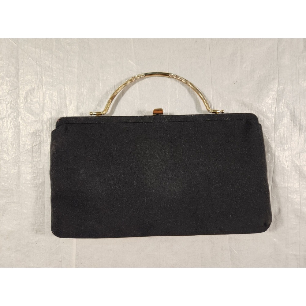 L&M Vintage Black Satin Clutch Evening Bag Classic After Five Gold Hidden Handle